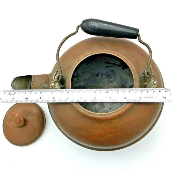 Large Copper Stovetop Tea Kettle Wooden Handle 7 inch Coffee Pot Wood Stove VTG - Picture 10 of 11